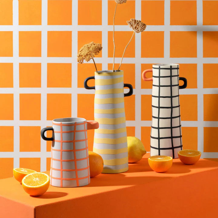 Vase en grès orange à carreaux, belle décoration intérieure pour vos fleurs