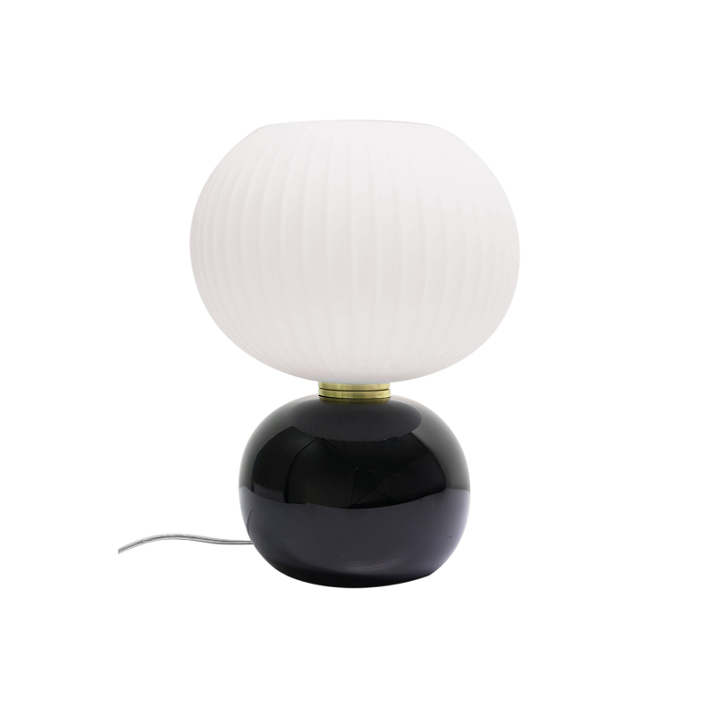 Lampe à poser en verre, pied noir et abat jour blanc mat, design contemporain et lumière chaleureuse 