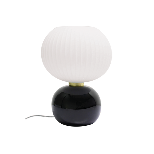 Lampe à poser en verre, pied noir et abat jour blanc mat, design contemporain et lumière chaleureuse 