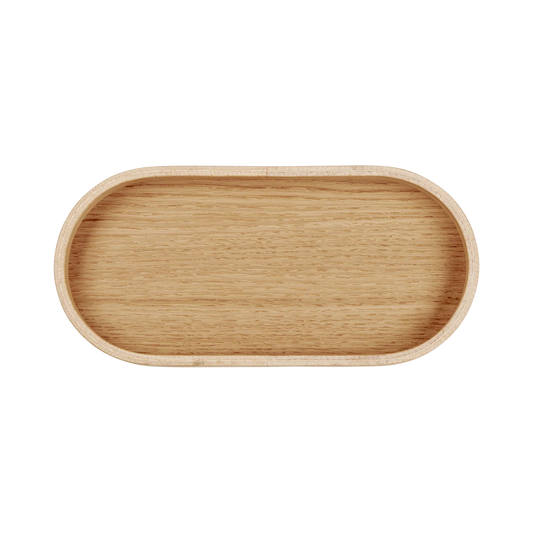 Petit plateau ovale en chene massif avec finition lisse, parfait pour le petit déjeuner ou l'apéritif 