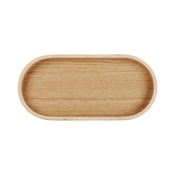 Petit plateau ovale en chene massif avec finition lisse, parfait pour le petit déjeuner ou l'apéritif 