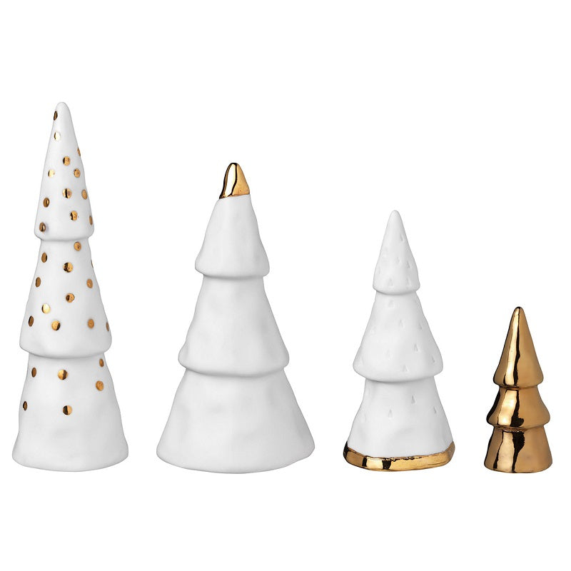 Lot de 4 sapins en porcelaine blanc et doré, décoration de Noël élégante