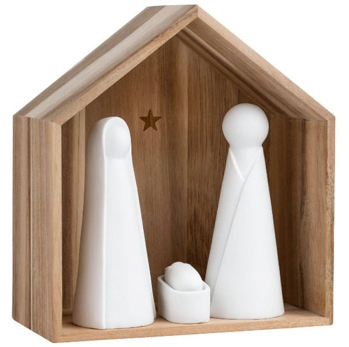 Crèche de Noël moderne : maison en bois et Sainte Famille en porcelaine blanche